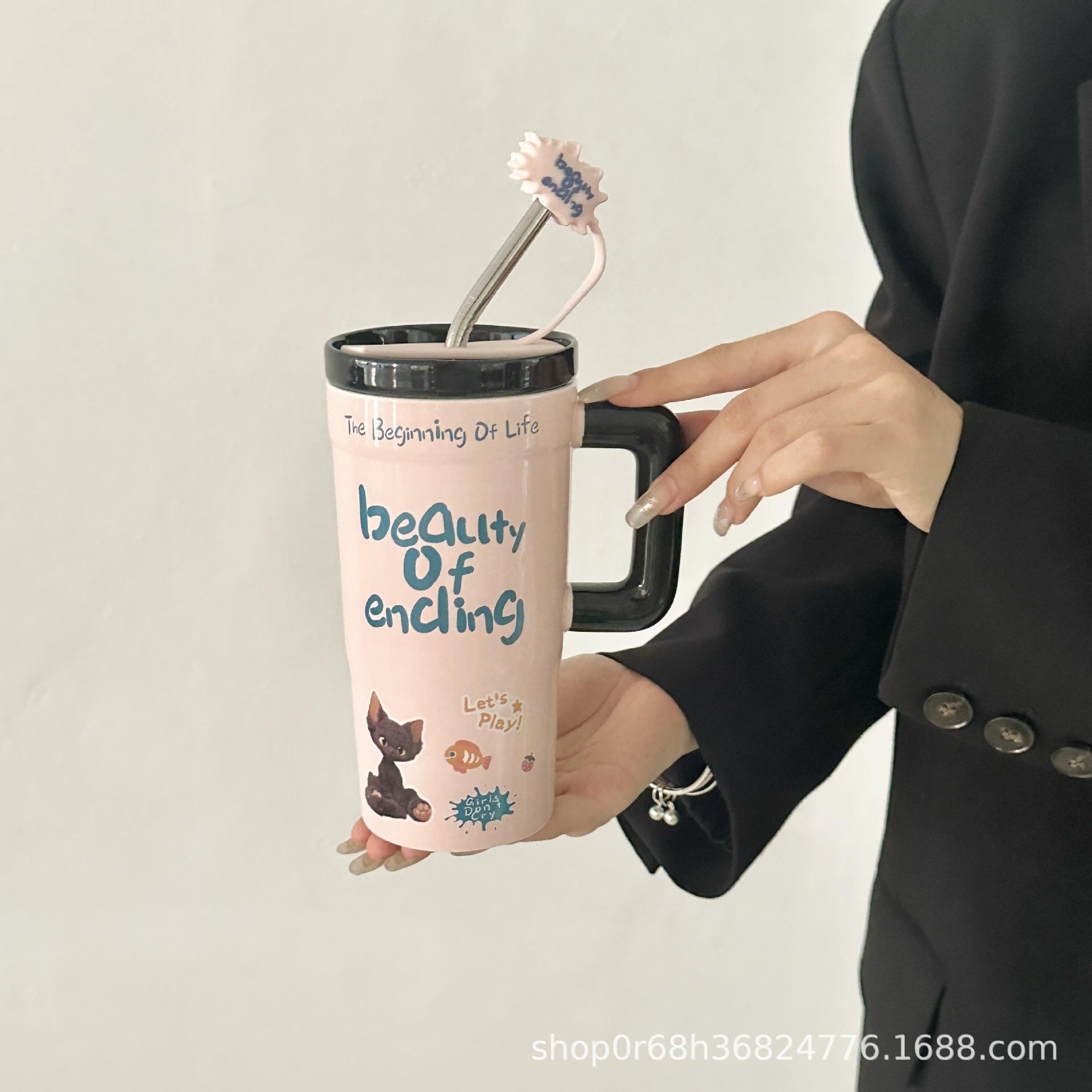 High Value Straw Water Cup Ceramic Household Large Capacity Mug Ceramic Cup With Lid Girls Office 601-700ml