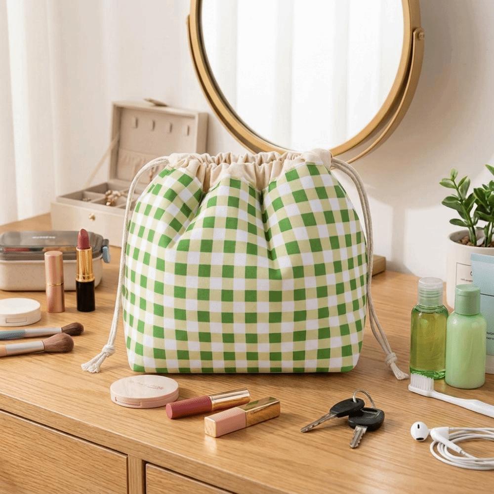 Plaid Pattern Drawstring Cosmetic Organizer Large Capacity Drawstring Storage Pouch  Travel Storage