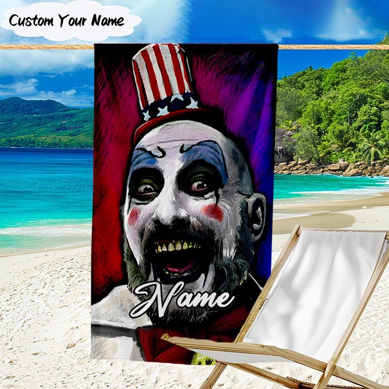 1PC Custom Name Horror Clown Artwork Heart Beach Towel, Lightweight Quick-Dry for Man Woman, for Summer Travel, Swimming Pool Birthday Gift