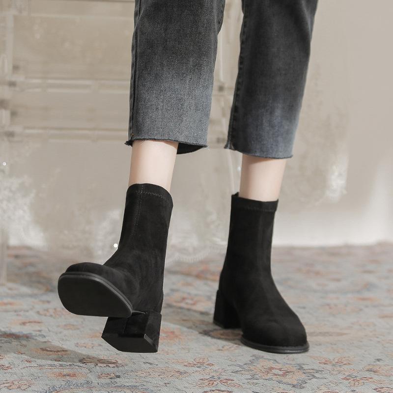 Temperament Suede Thick Heel Short Boots Women's Rear Zipper Autumn and Winter New Comfortable Versatile Square Head Elastic Medium Tube Fashion Boots