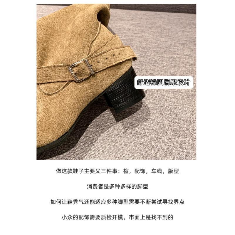 Women High Boots Trend Retro Metal Buckle Pointed Toe Thick Heel Tassle Western Cowboy Boots Female Shoes Botas De Mujer