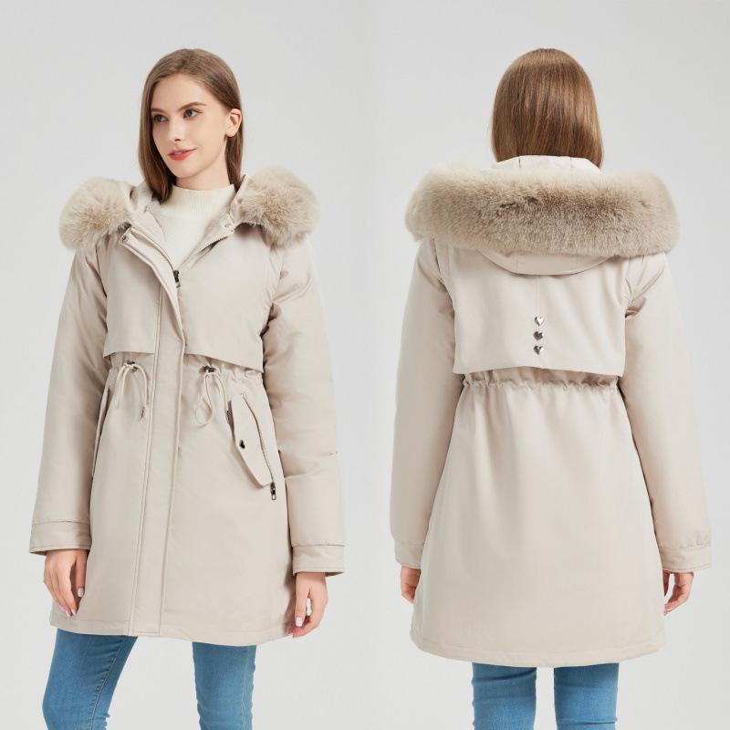 Women's Mid-Length Parka with Detachable Fur Collar and Sleeves - Warm, Thick Cotton Winter Jacket