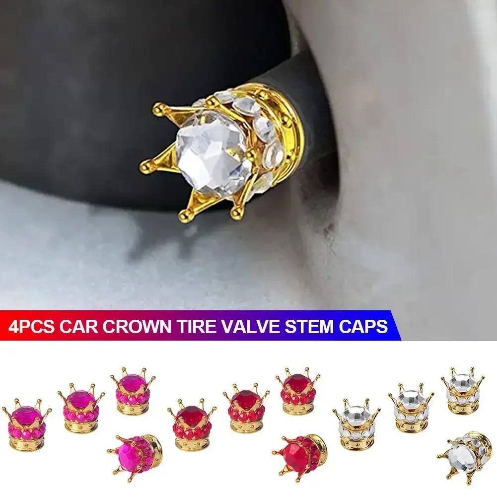 4PCS Car Wheel Tire Valve Caps Cover Crown Shape Bling Diamond Tyre Stem Dust Valve Caps Truck Car Motorcycle Bicycle Air Cover