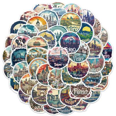 50pcs Vinyl Laptop Decals Aesthetic Cartoon World City Landmark Stickers For Luggage Guitar Phone Diary Waterproof Sticker