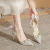 Wedding Shoes Bride Shoes Ribbon Bow Pointed Single Shoes Women's Pearl Chain One-word Strap High Heels Women's New 2025