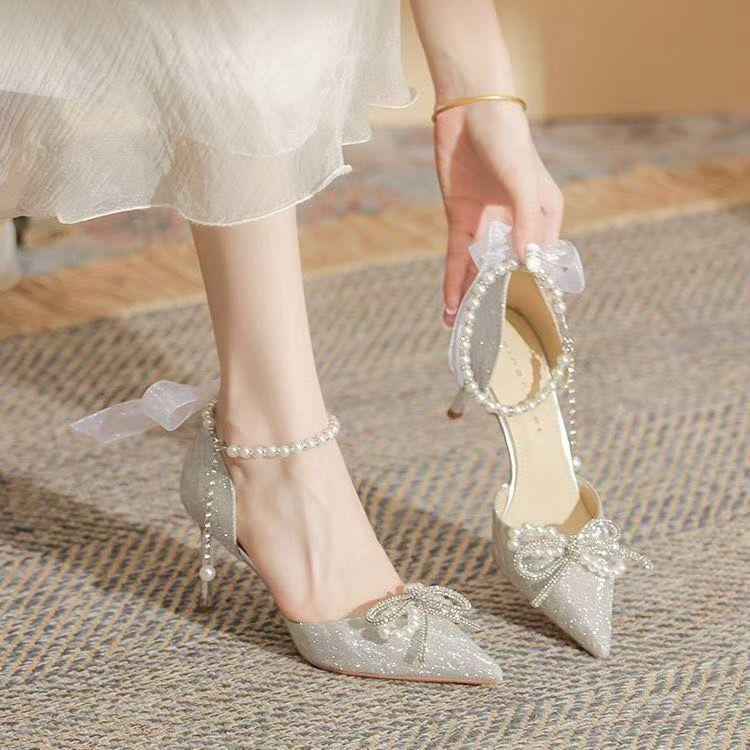 Wedding shoes bride shoes ribbon bow pointed single shoes women's pearl chain one-word strap high heels women's new 2025