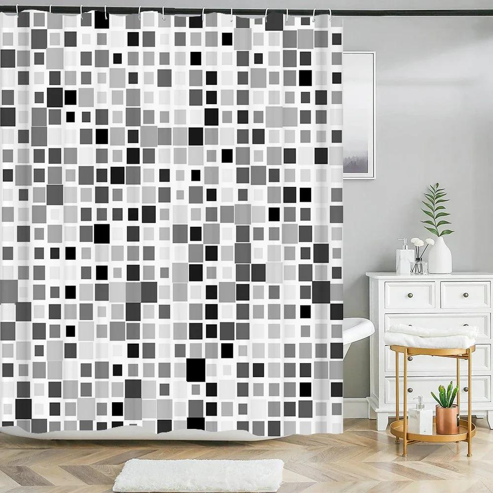 Modern Simple Mosaic Shower Curtain Waterproof Bath Curtains with 12 Hooks for Bathroom Home Decoration Polyester Fabric Screen