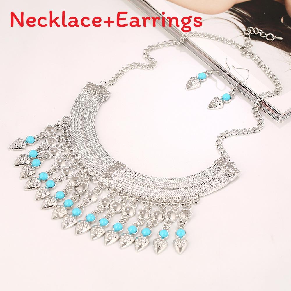 Necklace Fashion Tassel Eardrop Set With Layered Chain And Details Gemstone