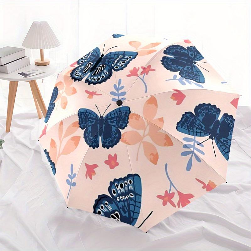 1pc Butterfly Floral Automatic Open/close Folding Compact Umbrella, 8-Rib Sturdy Canopy, Lightweight Portable, Everyday Use, Gift, Outdoor Umbrella, T