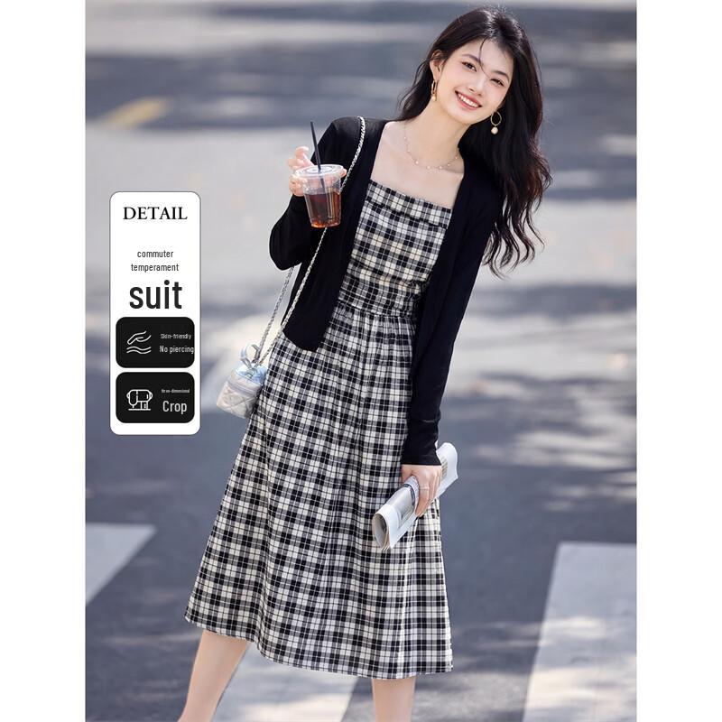 Women s Plaid Suspender Dress & Knit Cardigan Set L