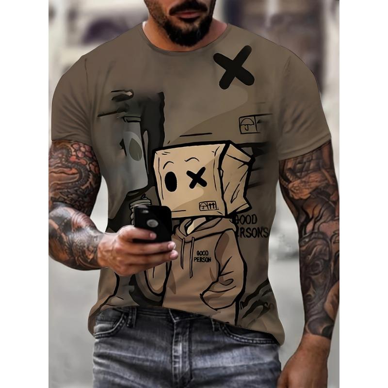 Men's Paper Bag Head Cartoon 3D Printed T-Shirt Casual Short Sleeve Crewneck Top Cool Brown Character Graphic Tee Hip Hop Summer Streetwear Clothing