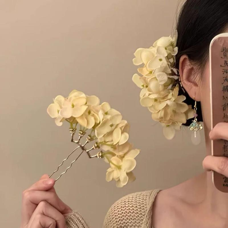 Pastoral Purple Yellow Flower Hair Pins Women Girls Sweet Fabric Floral Blossom Hair Stick Hair Accessory Travel Photo Props
