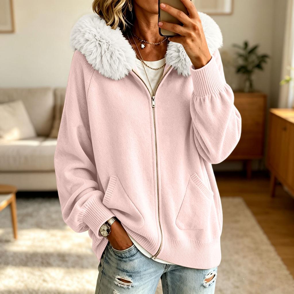 Women's Color Knit Hooded Jacket with Faux Collar and Zipper Pockets Casual Winter Coat