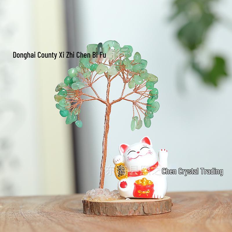 Yellow Crystal Money Tree with Lucky Cat on Natural Wood Base - Home and Office Decor Ornament