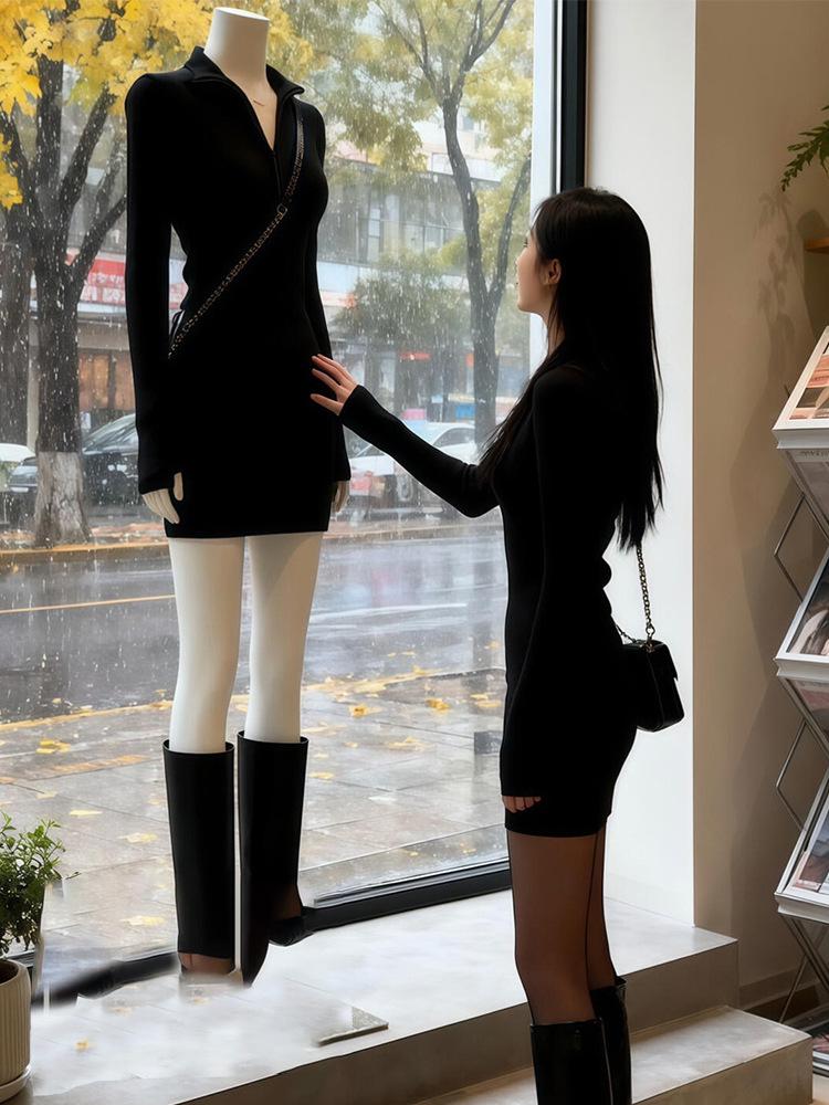 

Women s Black Knit Bodycon Dress with Long Sleeves, Plus Velvet and Slimming Design for Autumn and Winter. One Size