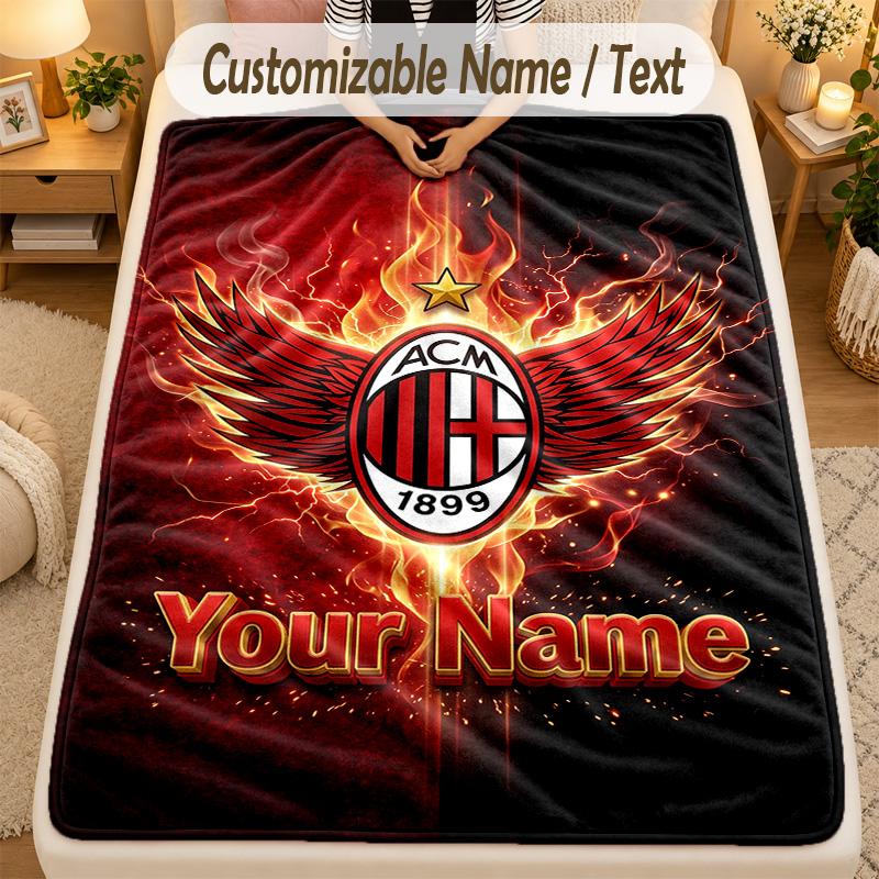 Flannel BlanketAC Milan Custom Name Text Personalized Soft Warm Throw Blanket Home Decor Gift