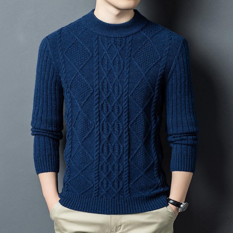 Winter Men's Wool Blend Jacquard Sweater: Thickened Long Sleeve, Half-High Collar, Fashion Casual for All Ages