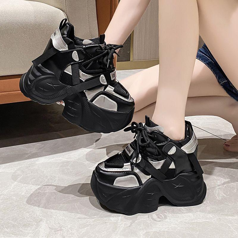 Dad's Shoes with A Height Increase of Within 10cm Women's Autumn New Style Sponge Cake Thick Sole Small Stature  Mesh Casual Sports Shoes for Women