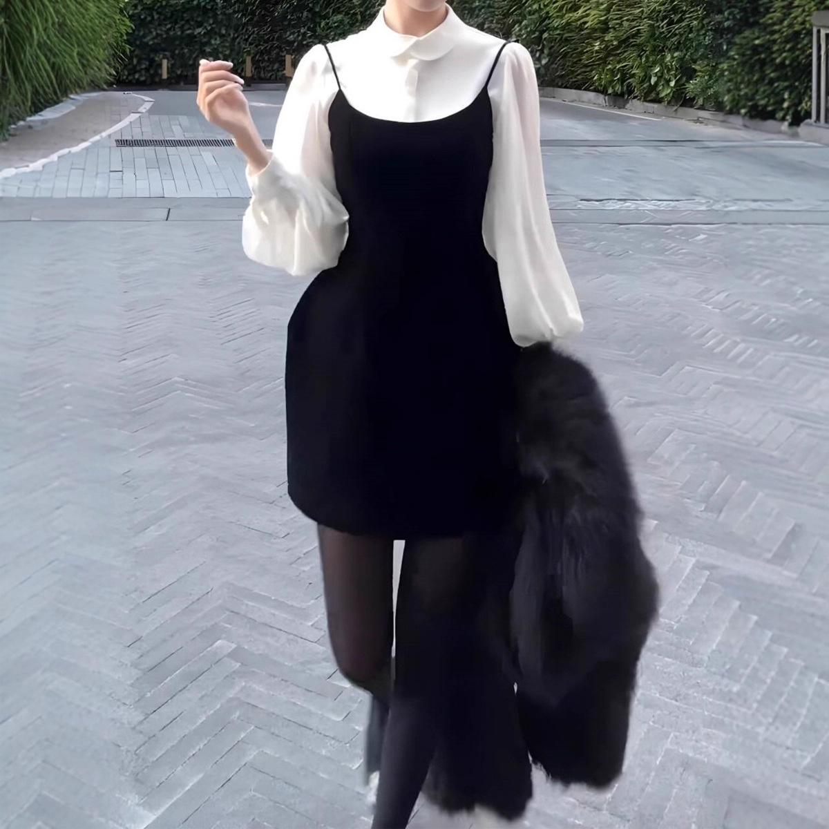 

Elegant French Black Velvet Camisole Dress Set for Women - 2026 Autumn/Winter Collection M