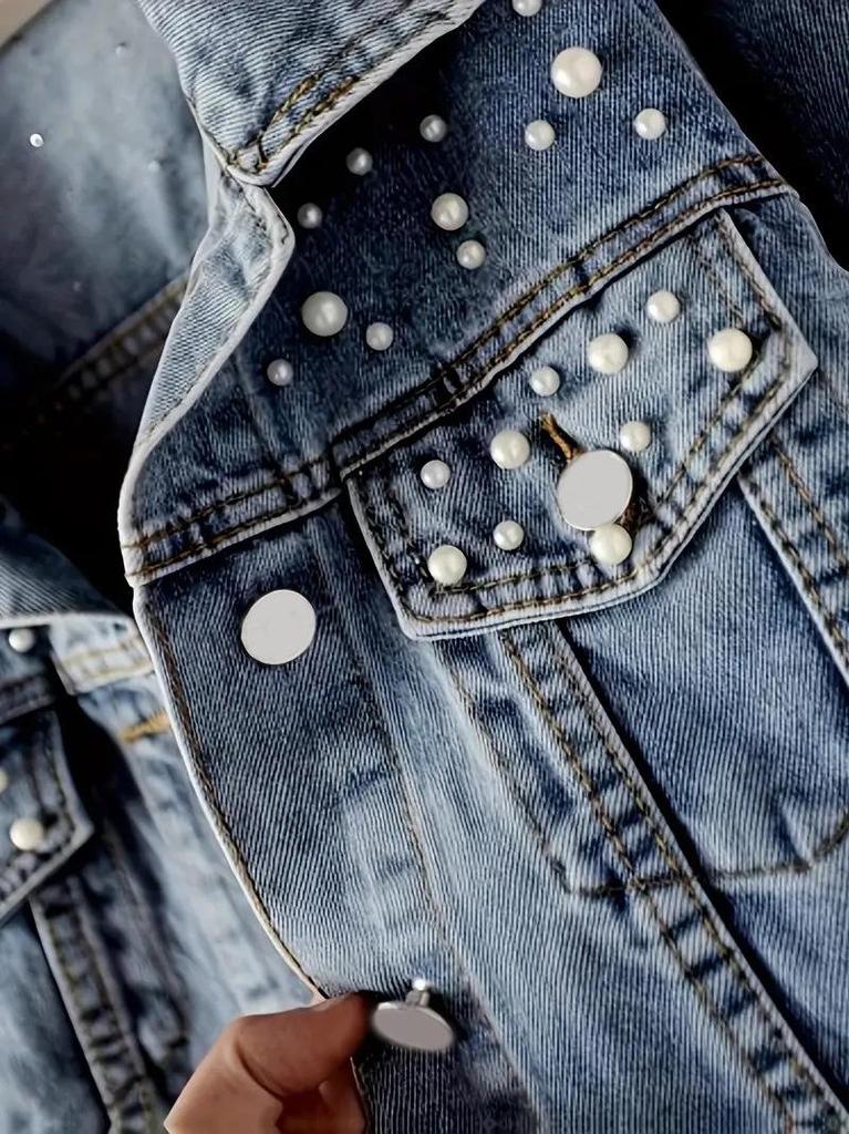 Trendy Women's Plus Size Pearl Embellished Denim Jacket