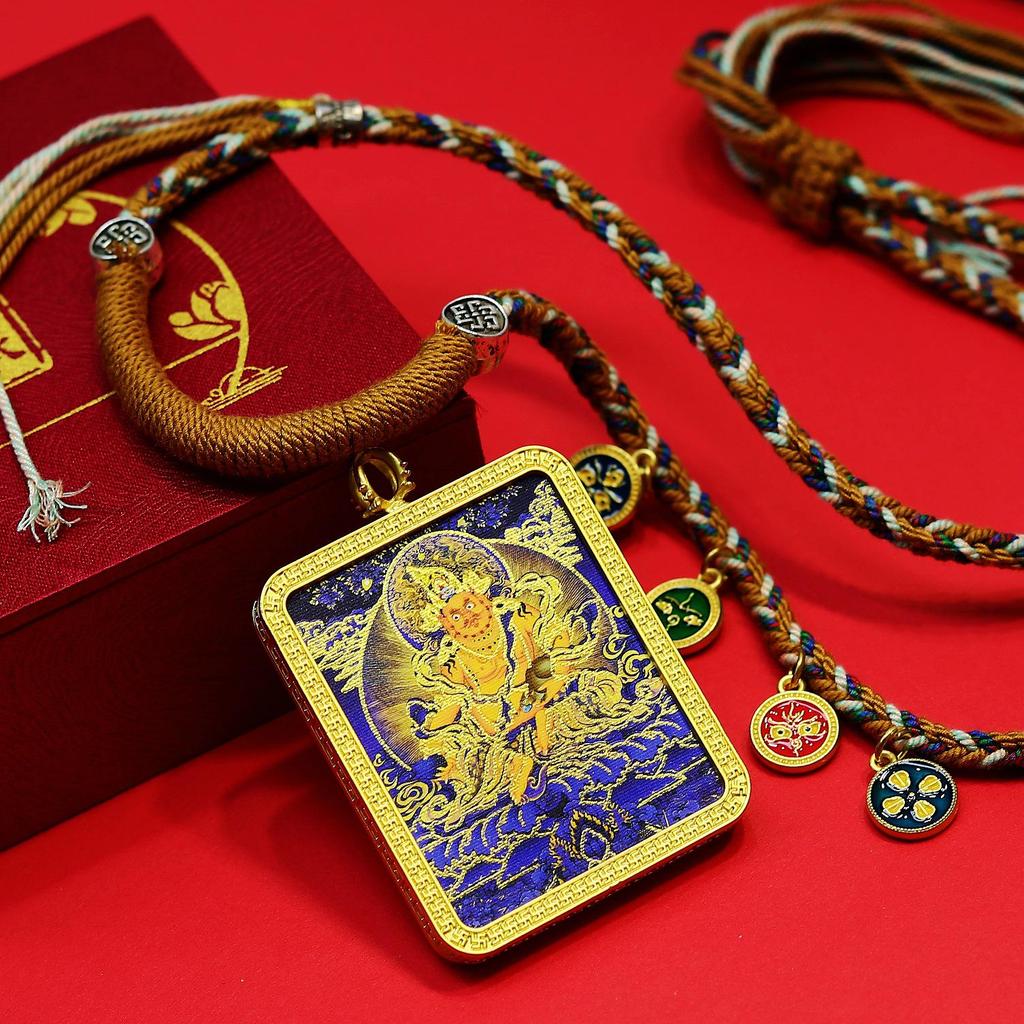 Yellow Jambhala Tibetan Thangka Gold Pendant Necklace with Fashionable Rope for Attracting Wealth