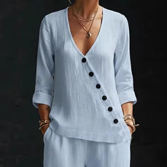 Women's Summer 2 Piece Sets Casual Half Sleeve V Neck Buttons Top And Wide Leg Pants Lounge Outfits with