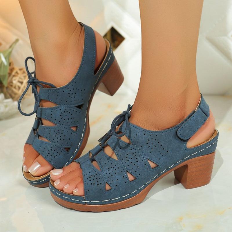 Roman Sandals Summer New Round Toe Open Toe Cutout Front Lace-Up Car Stitch Non-Slip Block Heel Shoes