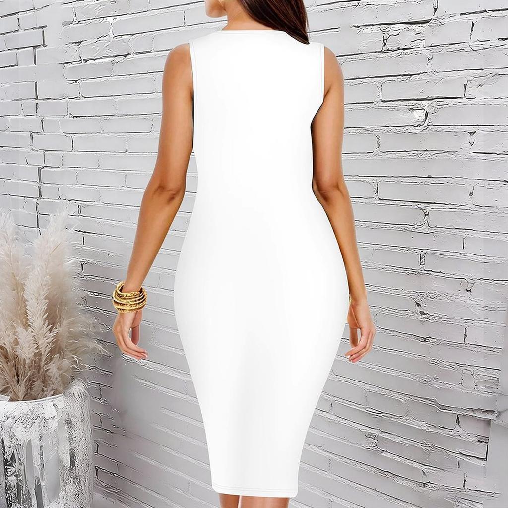 Women Plus Size Crew Neck Sleeveless Midi Dress White Background Blue Ink Wash Floral Print Bodycon Dress