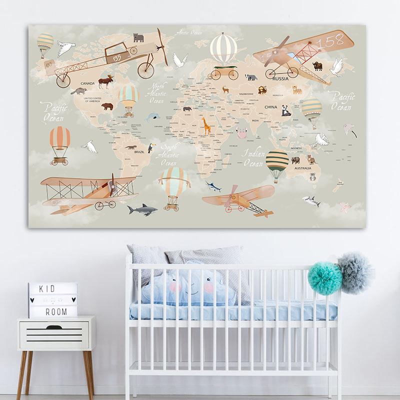 Cartoon Ocean Animal World Map Wall Art Canvas Painting Nordic Posters And Prints Nursery Wall Pictures For Kids Room Decoration