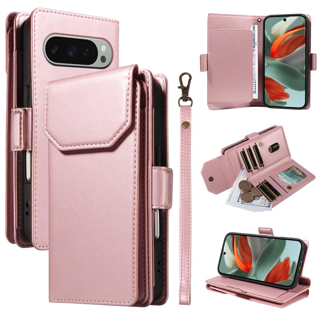 For Google Pixel 9 Pro XL Case with Multi-Card Holder and Strap PU Leather Phone Cover Stand