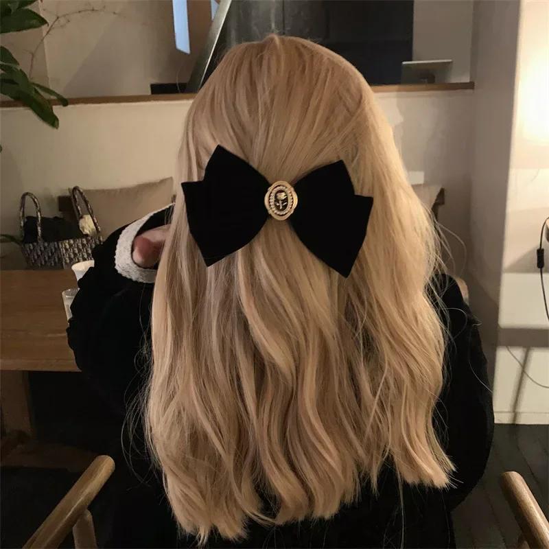 Fashion Ponytail Barrette Heawear Accessories Black Velvet Bow Hair Pins Elegant Fabric Alloy Roses Hair Clips for Women