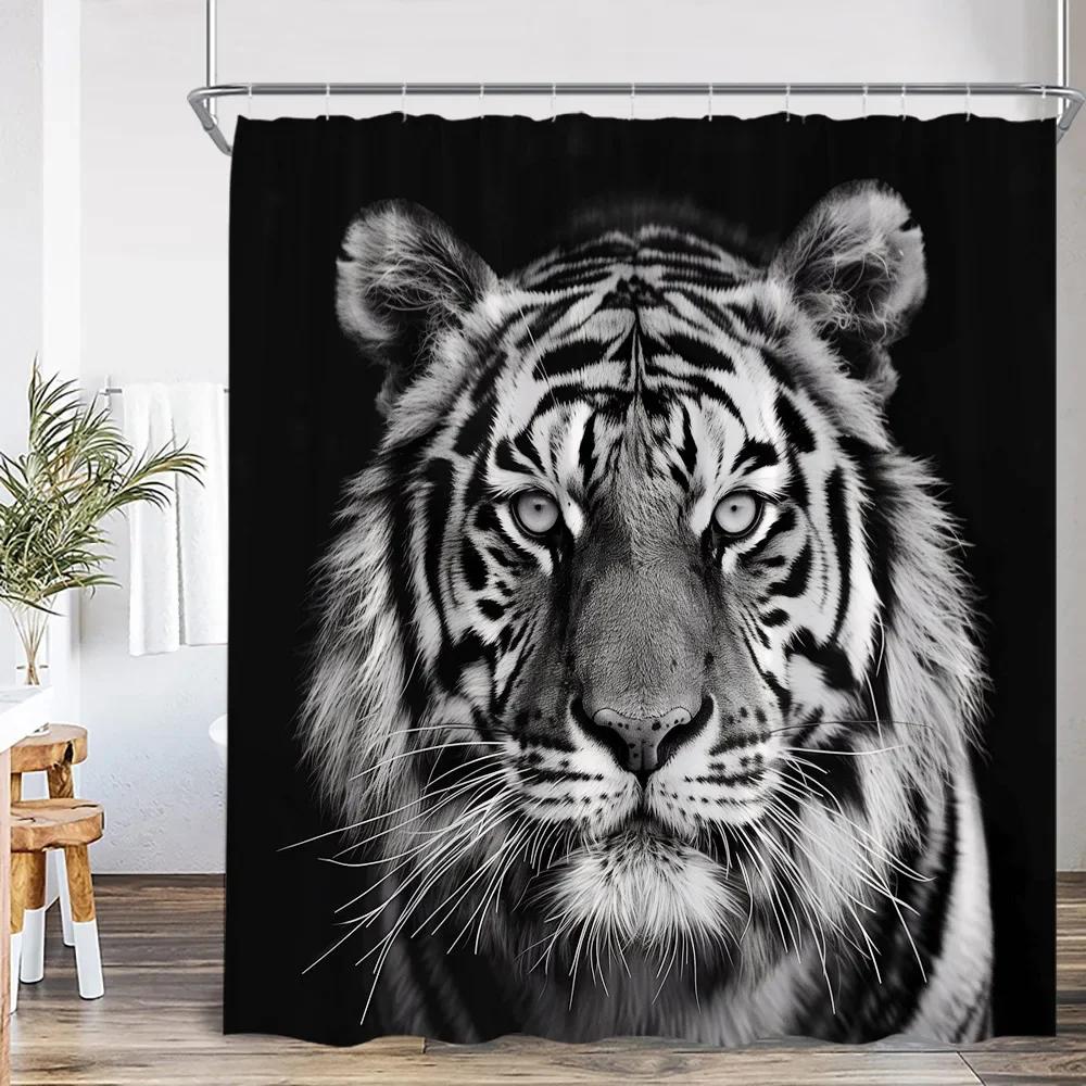 Wild Animals Shower Curtain Tiger Forest Elegant Panther Green Palnts Rose Floral Home Decor for Bathroom Polyester Bath Curtain