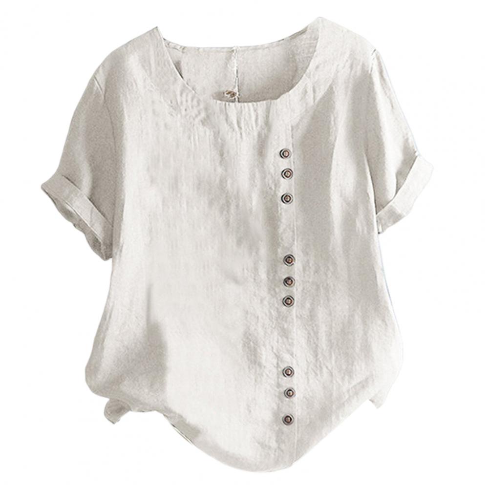 Short-sleeve Button-up Blouse Stylish Women's Summer Tops with Round Neck Button Detail Loose Fit T-shirt In for Casual for A