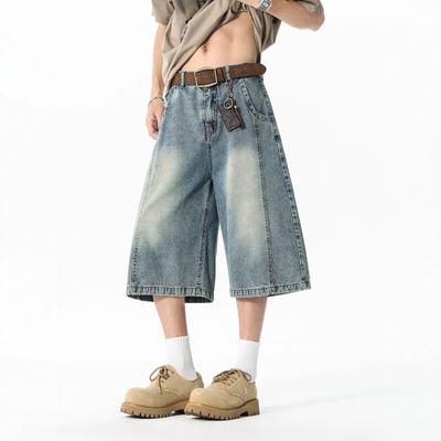 Men's Denim Cropped Pants, New Summer Loose Wide-leg Casual Washed Silhouette Straight-leg Shorts, Thin Cropped Pants for Men