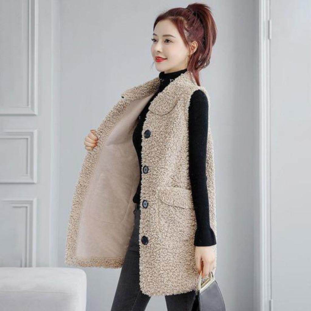 Fall Winter Women Vest Coat Lapel Sleeveless Solid Color Single-breasted Pockets Fleece Cardigan Mid Length Thick Warm Soft Loose Lady Waistcoat