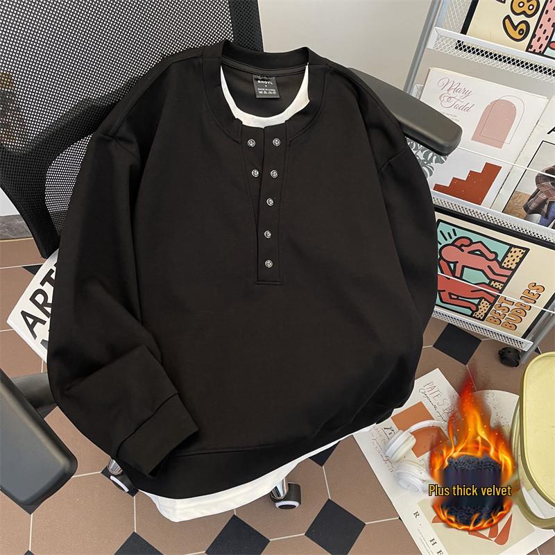 

Korean Style Men s Versatile Velvet Hoodie with Button Decoration - Thick Winter Casual Wear L чорний