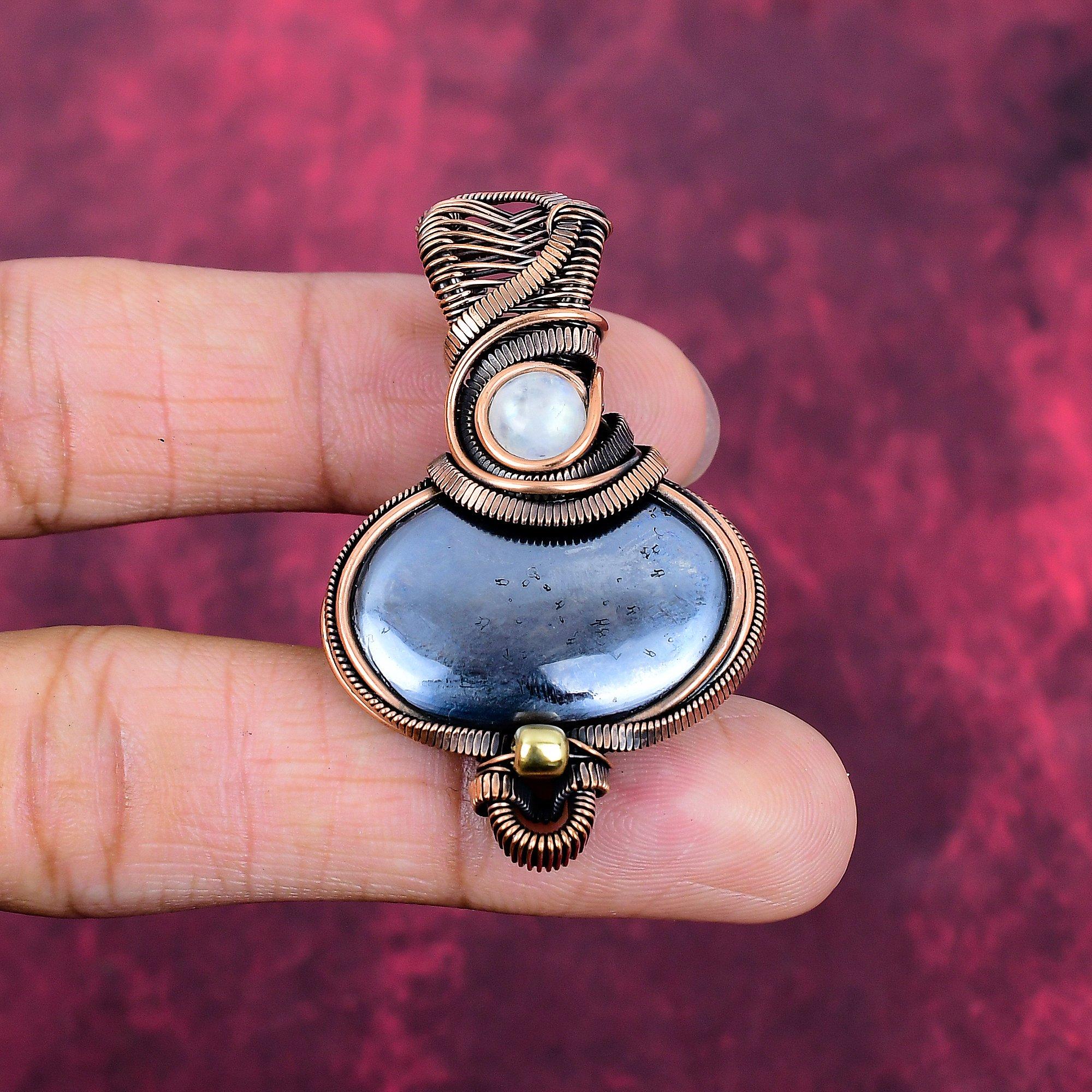 Shungite Gemstone Pendant Rainbow Moonstone Jewelry Copper Wire Wrapped Pendant