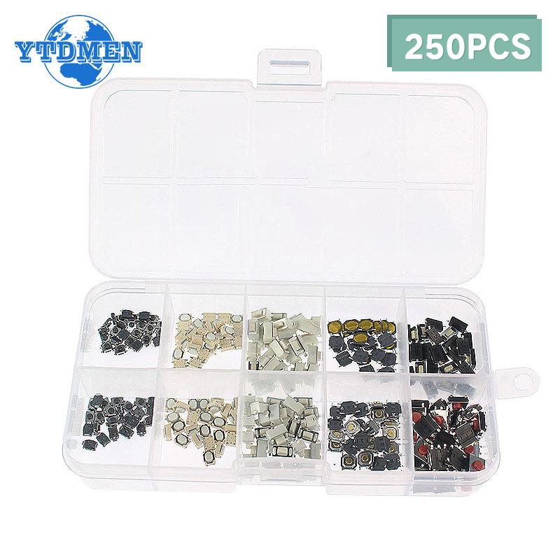 

250PCS Tactile Push Button Switch Kit Car Keys Button Touch Microswitch 3x6 3x4 4x4 6x6 10 Types Small Switches білий
