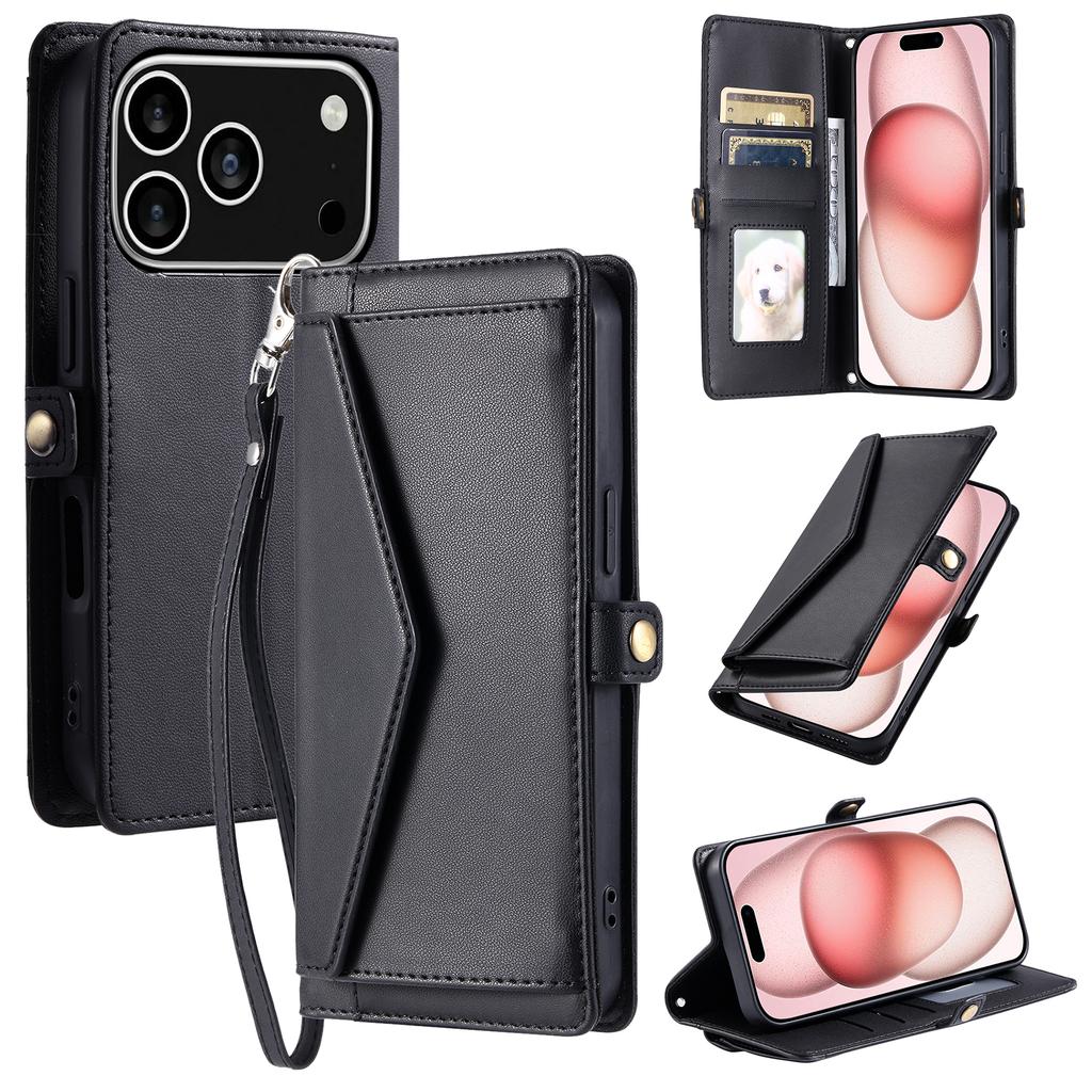 For iPhone 17 Pro Leather Case with Wrist Strap Wallet Stand Phone Cover