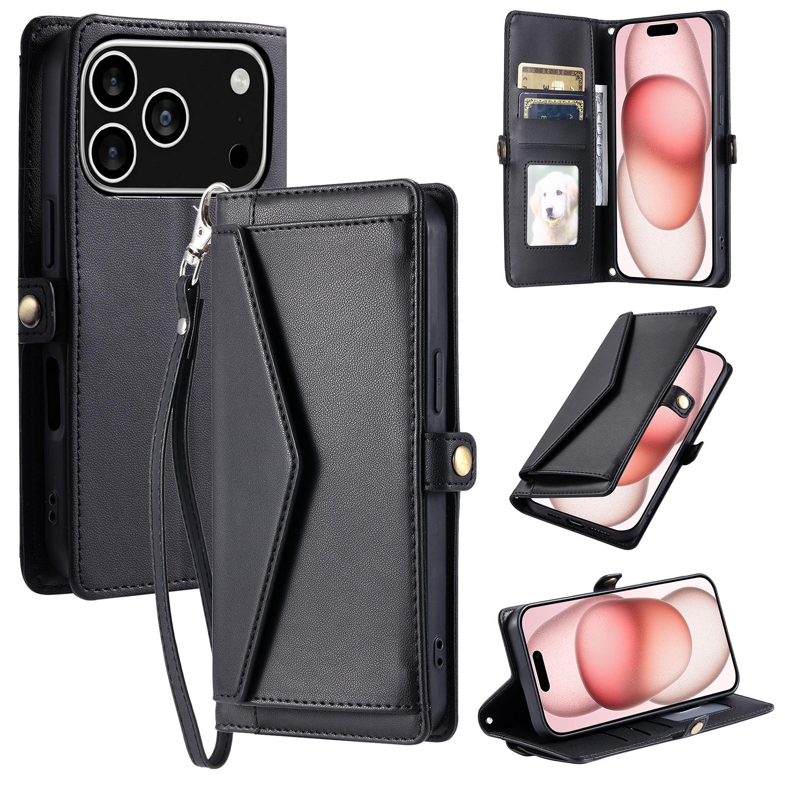 

For iPhone 17 Pro Leather Case with Wrist Strap Wallet Stand Phone Cover Black