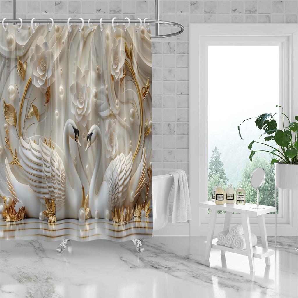 1PC 3D relief swan pattern printed shower curtain, with 12 hooks, suitable for bathroom showers, bathtub, home use