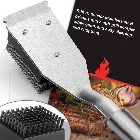 Outdoor Camping Grill Brush with Scraper Long Handle Design Rustproof Heat-Resistant Hard Bristles BBQ Grill Cleaning Brush