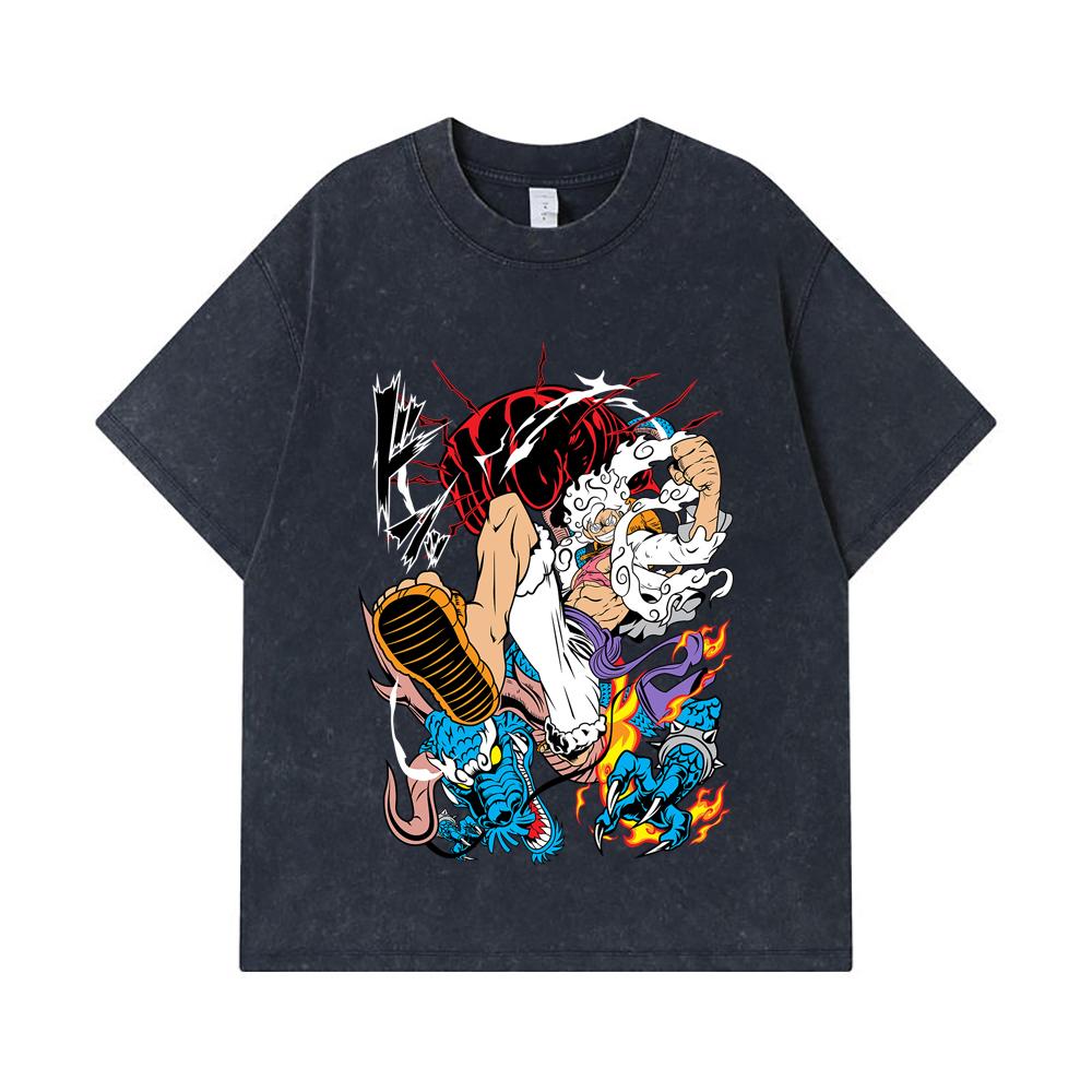 275 GSM Washed T-shirts 100% Cotton One Piece V7 Luffy Kaido Print Unisex Heavy Cotton T Shirt