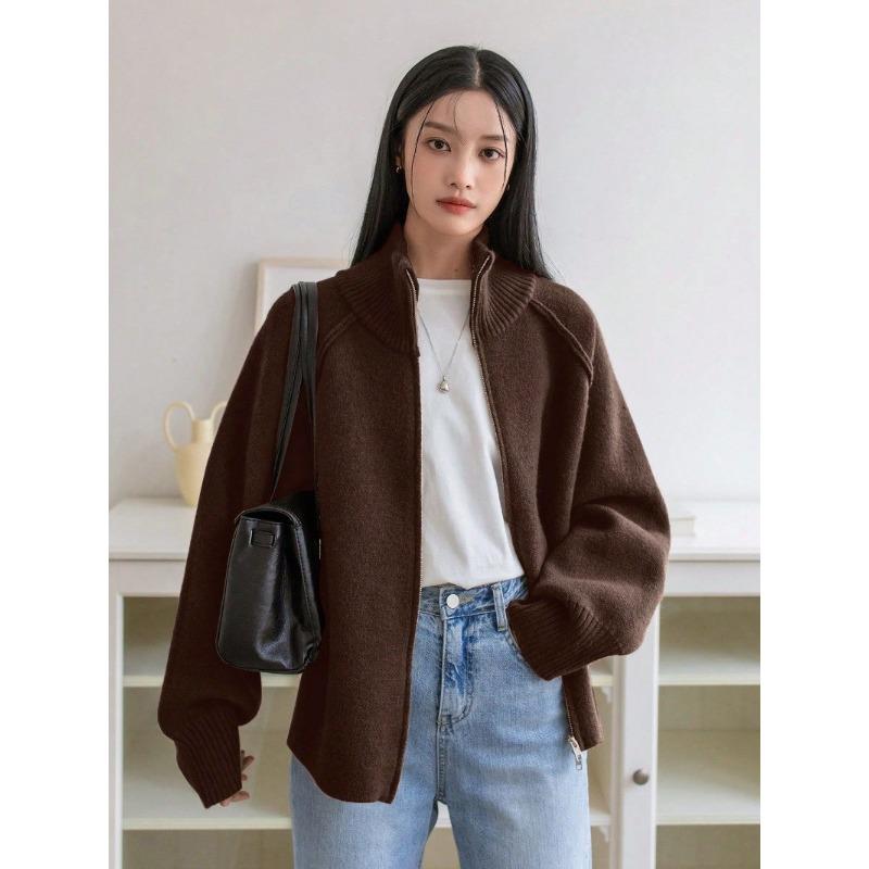 

Sweater Jacket Women s Autumn and Winter Solid Color Stand-up Collar Zipper Knitted Cardigan Top One size（42-48） кавовий