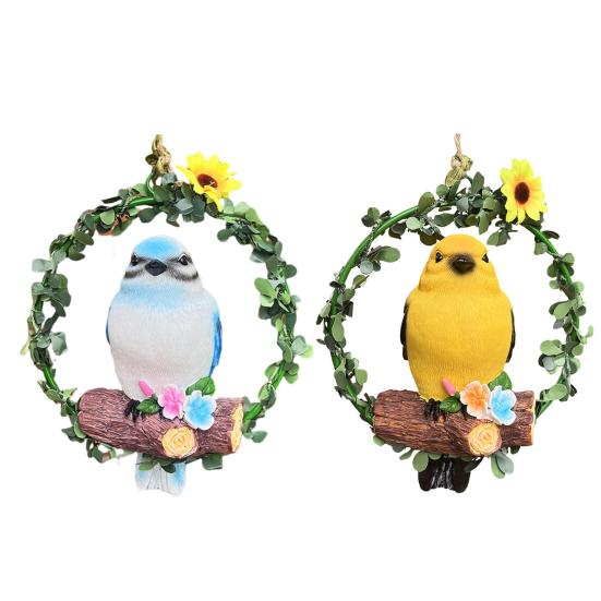 Bird On Wreath Figurine Resin Bird Hanging Decoration Garden Tree Hanging Bird Statue for Patio Porch Terrace Windows