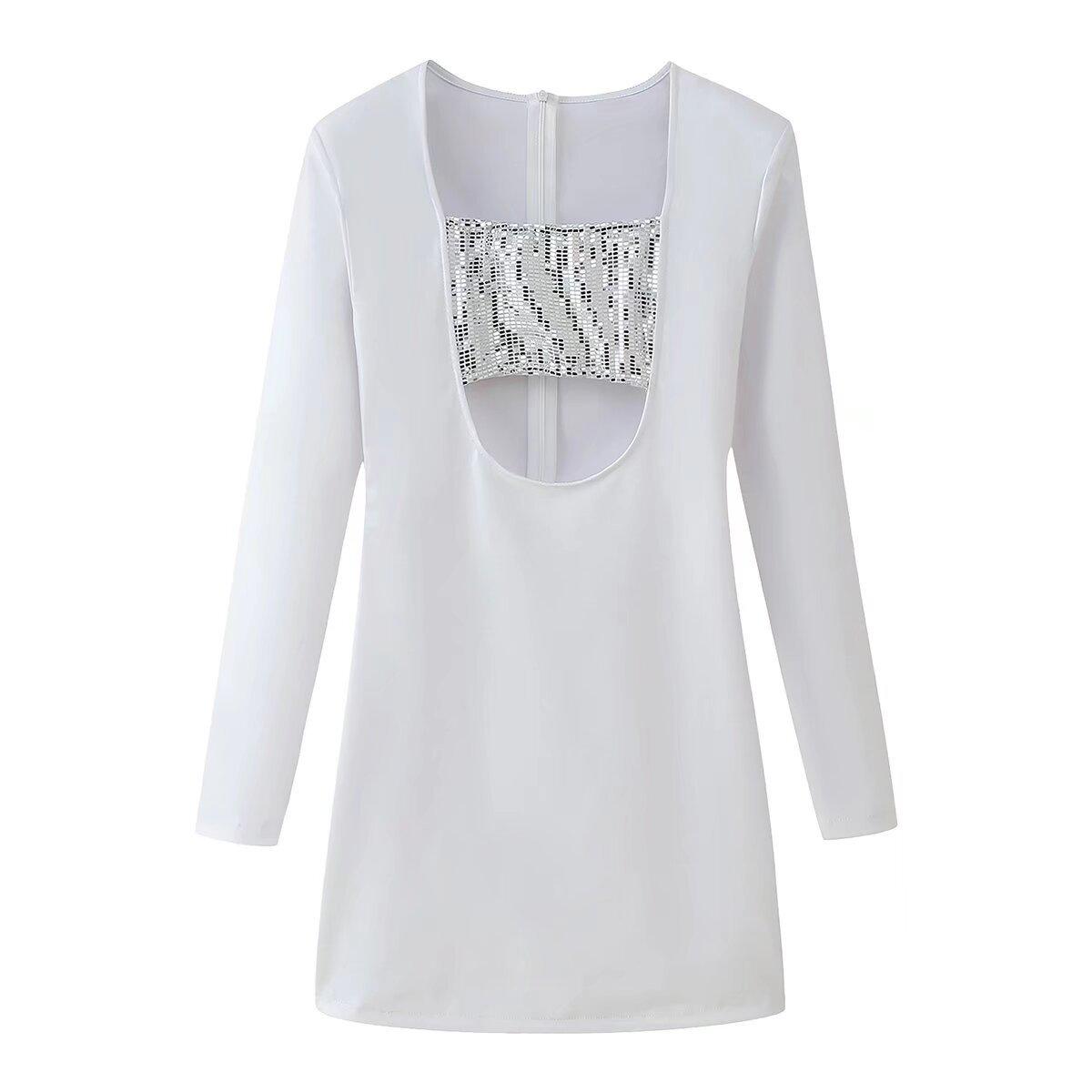 

Зимнее женское платье 2024 года в европейском и американском стиле, облегающее, с длинным рукавом и пайетками Large белый