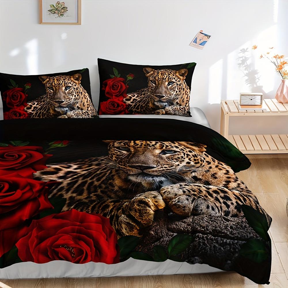 Sada povlečení s leopardím vzorem růže Měkký pohodlný povlak na přikrývku do ložnice, pokoj pro hosty 1* povlak na přikrývku + 2 * povlak na polštář bez jádra