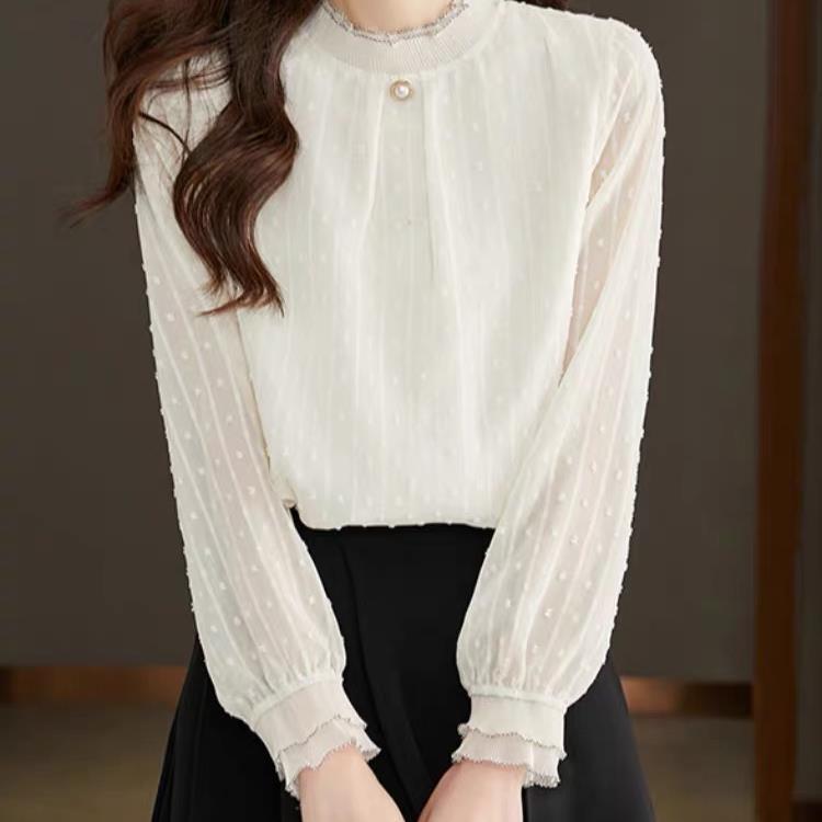 Autumn New Chiffon Top with Black Ears Lace Base Shirt for Women Age-reducing Fashionable Pullover