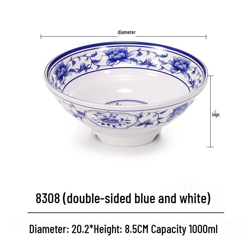 Blue & White Melamine Noodle Bowl: Imitation Porcelain Tableware for Ramen, Soup, Wonton, or Beef Noodles in Noodle Shops