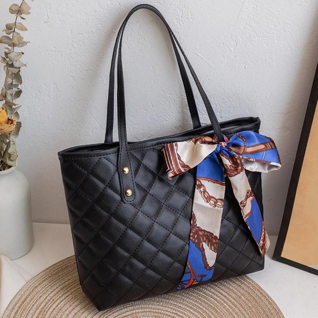Fashionable Large Capacity Quilted Handbag with Scarf Embellishment - Soft Imitation Leather, Magnetic Buckle Closure, Suitable for Work and Leisure